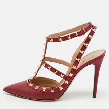 Pre Owned Valentino Dark Red Leather Rockstud Ankle Strap Pumps Size 41
