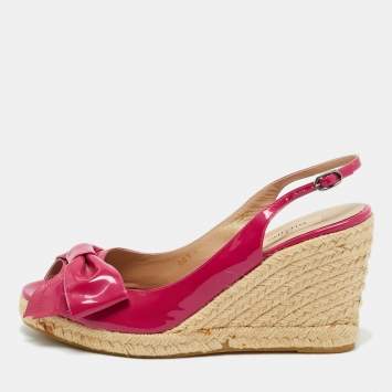 Pre Owned Valentino Purple Patent Leather Bow Espadrille Wedge Slingback Sandals Size 40