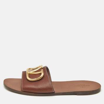 Pre Owned Valentino Brown Leather Escape VLogo Flat Slides Size 39