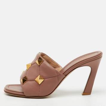 Pre Owned Valentino Dusty Pink Leather Roman Stud Slide Sandals Size 38.5