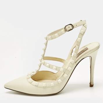 Pre Owned Valentino Off-white Leather Rockstud Pumps Size 39.5