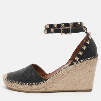 Pre Owned Valentino Black Leather Rockstud Wedge Espadrille Ankle Wrap Pumps Size 35