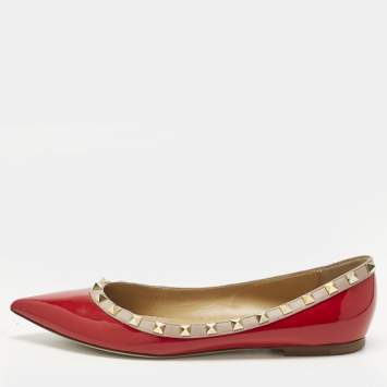 Pre Owned Valentino Red Patent Leather Rockstud Pointed Toe Ballet Flats Size 40