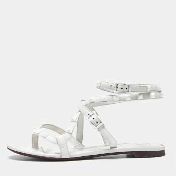 Pre Owned Valentino White Leather Rockstud Ankle Strap Flat Sandals Size 36