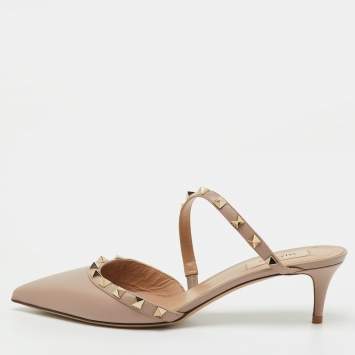Pre Owned Valentino Beige Leather Rockstud Heel Mules Size 39.5