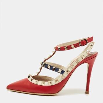 Pre Owned Valentino Red/Beige Patent Leather Rockstud Ankle Strap Pumps Size 37.5