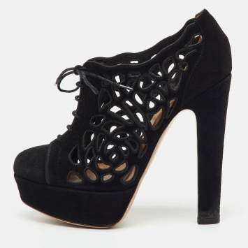 Pre Owned Valentino Black Suede Cut Out Lace Up Platform Booties Size 36