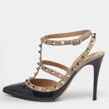 Pre Owned Valentino Black/Beige Leather and Patent Rockstud Ankle Strap Pumps Size 37.5