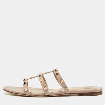 Pre Owned Valentino Dusty Pink Leather Rockstud Flat Slides Size 40