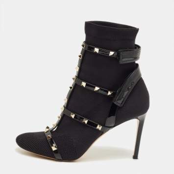 Pre Owned Valentino Black Knit Fabric and Leather Rockstud Ankle Length Boots Size 40
