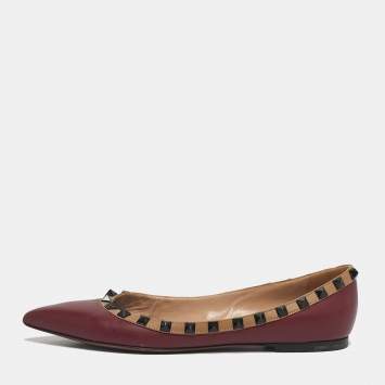 Pre Owned Valentino Burgundy Leather Rockstud Ballet Flats Size 36