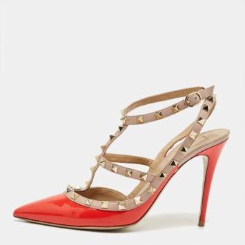 Pre Owned Valentino Beige/Red Leather and Patent Rockstud Ankle Strap Pumps Size 41