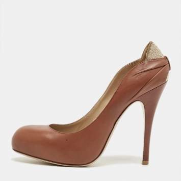 Pre Owned Valentino Brown Leather Round Toe Platform Pumps Size 39