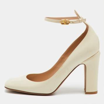Pre Owned Valentino Cream Patent Leather Tango Ankle Strap Pumps Size 40