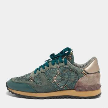 Pre Owned Valentino Two Tone Lace and Leather Rockrunner Low Top Sneakers Size 37