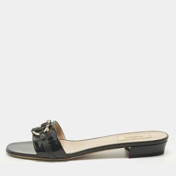 Pre Owned Valentino Black Patent Leather VLogo Slide Sandals Size 39.5