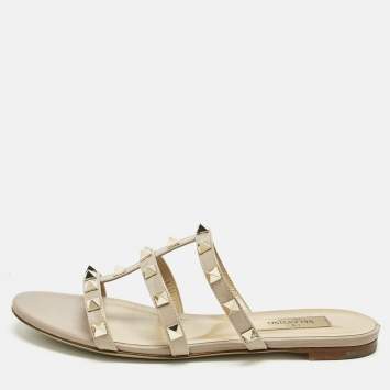 Pre Owned Valentino Poudre Pink Patent Leather Rockstud Flat Slide Sandals Size 35