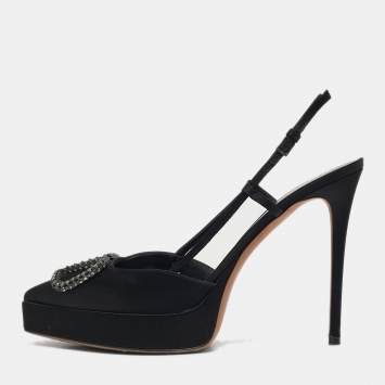 مملوكة مسبقًا Valentino Black Satin VLogo Slingback Platform Pumps Size 40