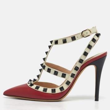 Pre Owned Valentino Rockstud Size 35 Red/White Leather Ankle Strap Pumps
