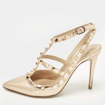 Pre Owned Valentino Rockstud Size 37.5 Metallic Patent Leather Pumps