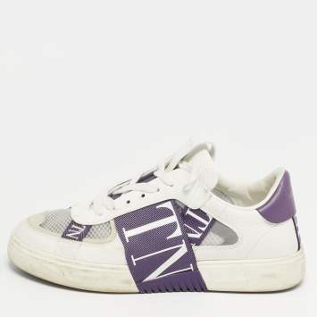 Pre Owned Valentino VLTN Size 39 White/Purple Leather and Mesh Low Top Sneakers