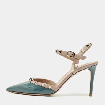 Pre Owned Valentino Rockstud Size 38.5 Blue/Beige Patent and Leather Ankle Strap Pumps
