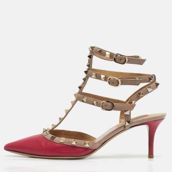 Pre Owned Valentino Rockstud Size 38.5 Beige/Purple Ankle Strap Leather Pumps