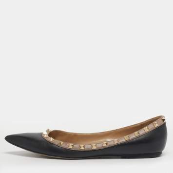 Pre Owned Valentino Rockstud Size 39 Black/Beige Leather Ballet Flats