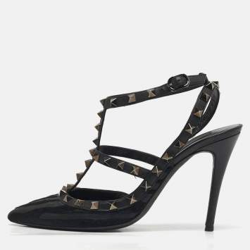 Pre Owned Valentino Rockstud Size 38.5 Black Calf Hair and Leather Ankle Strap Pumps