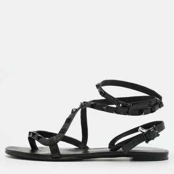 Pre Owned Valentino Rockstud Size 37 Black Leather Ankle Wrap Thong Flats