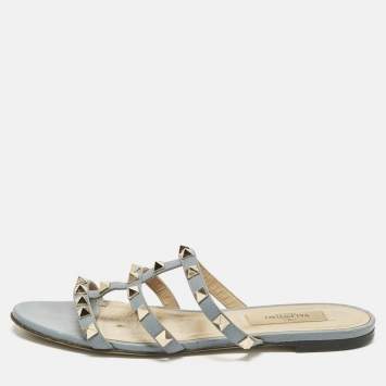 Pre Owned Valentino Rockstud Size 36 Light Blue Leather Flat Slide