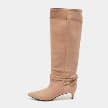 Pre Owned Valentino Rockstud Flair Size 38 Dusty Pink Leather Knee Length Boots