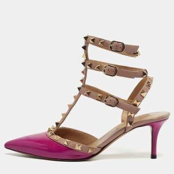 Pre Owned Valentino Rockstud Size 36 Purple Leather and Patent Leather Ankle Strap Pumps