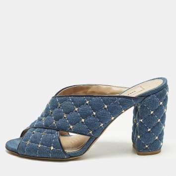 Pre Owned Valentino Rockstud Crisscross Size 38 Blue Denim Slide Sandals