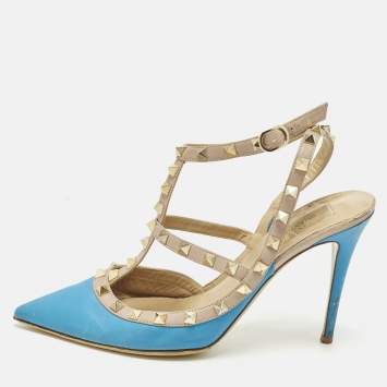 Pre Owned Valentino Rockstud Size 40.5 Blue/Beige Leather Ankle Strap Pumps