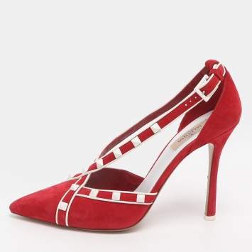 Pre Owned Valentino Rockstud Size 40 Red Suede Cross Strap Pumps