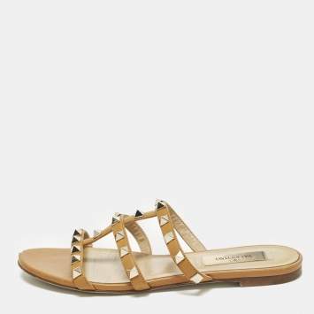Pre Owned Valentino Rockstud Size 35 Brown Leather Flat Slide
