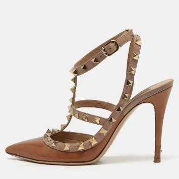Pre Owned Valentino Rockstud Size 37.5 Brown Leather and Patent Leather Pumps