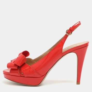 Pre Owned Valentino Bow Size 37 Red Patent Leather Slingback Platform Sandals