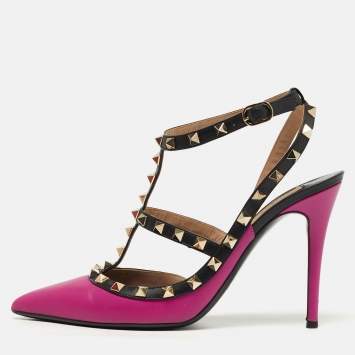 Pre Owned Valentino Rockstud Size 40.5 Purple/Black Leather Ankle Pumps