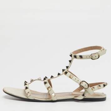 Pre Owned Valentino Rockstud Size 36 White Leather Ankle Strap Flat Sandals
