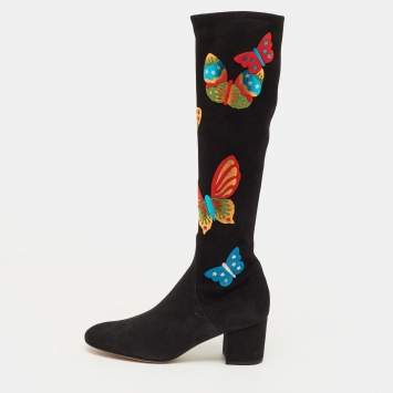 Pre Owned Valentino Buttrerfly Size 39 Black Suede Knee Length Boots