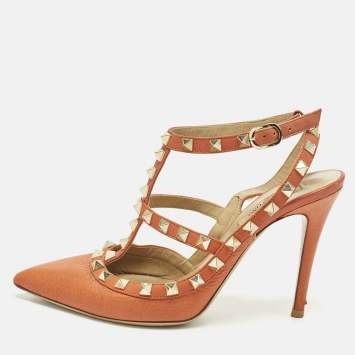 Pre Owned Valentino Rockstud Size 36.5 Orange Leather Ankle Strap Pumps