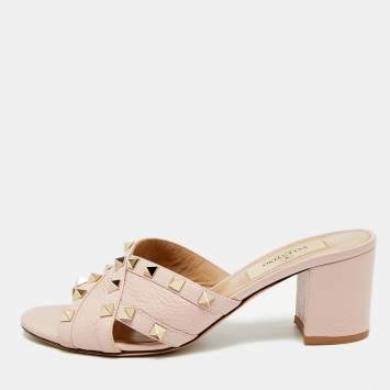 Pre Owned Valentino Rockstud Size 36 Pink Leather Criss Cross Block Heel Slide Sandals