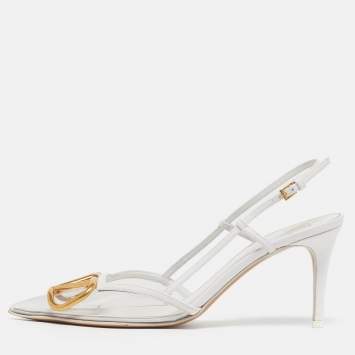 Pre Owned Valentino VLogo Size 38 White/Transparent Leather and PVC Slingback Pumps