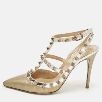 مملوكة مسبقًا Valentino Rockstud Size 38 Two Tone Leather Ankle Strap Pumps