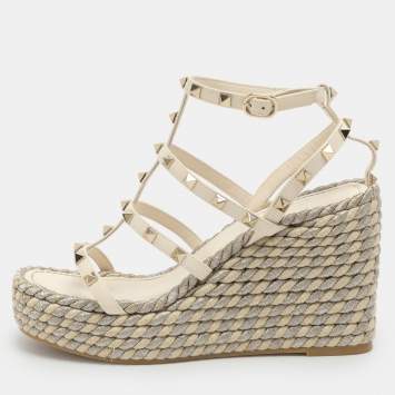 Pre Owned Valentino Rockstud Size 38 Off-White Leather Strappy Wedge Sandals 