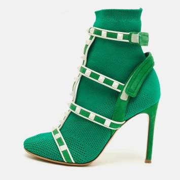 Pre Owned Valentino Rockstud Bodytech Size 35 Green/White Knit Fabric and Suede Ankle Length Boots