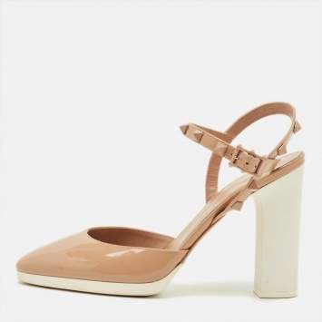 Pre Owned Valentino Rockstud Size 37 Beige Patent Leather Ankle Strap Sandals