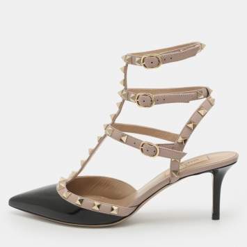 Pre Owned حذاء كعب عالي فالنتينو حواف رباط كاحل صخري مقاس 40 أسود/بيج جلد لامع وجلدي